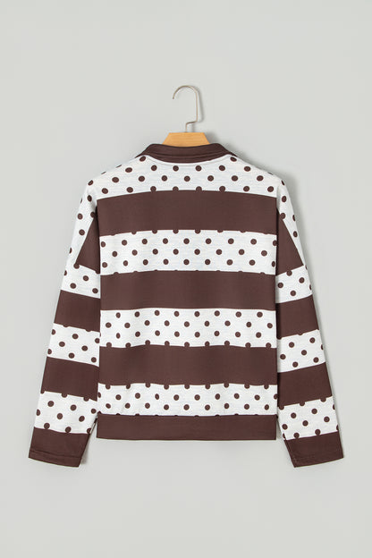Brown Stripe Patchwork Polka Dot Accent Quarter Zip Long Sleeve Top