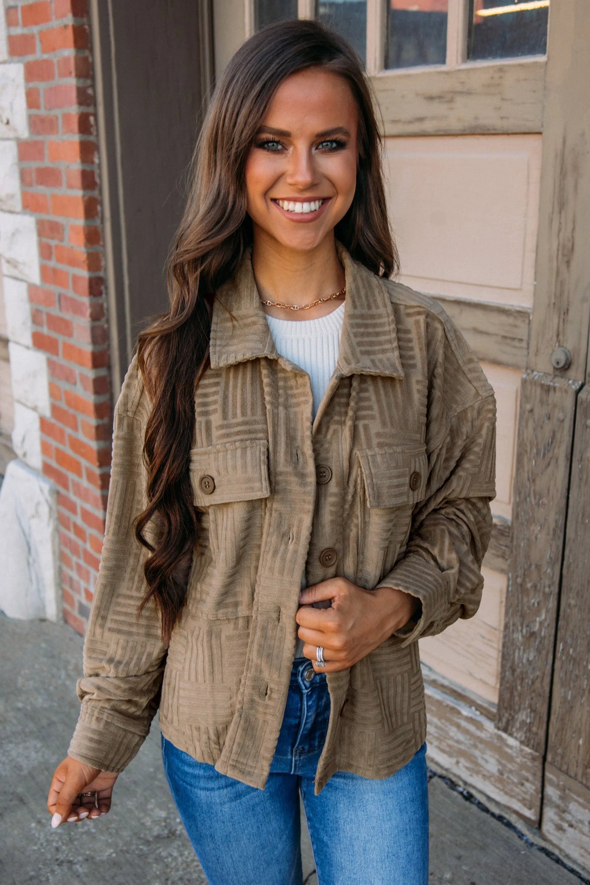 Dark Khaki Textured Chest Pocket Button-up Shacket - Chic Meadow Boutique 