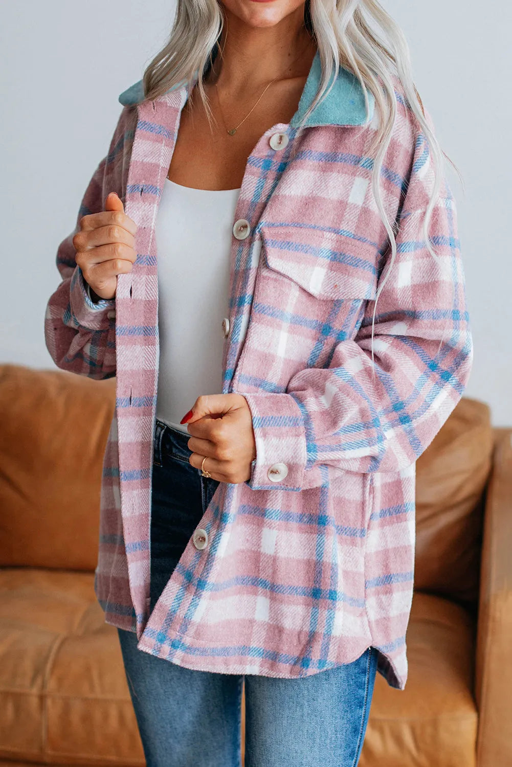 Pink Plaid Print Color Block Collared Flap Pockets Loose Shacket - Chic Meadow Boutique 