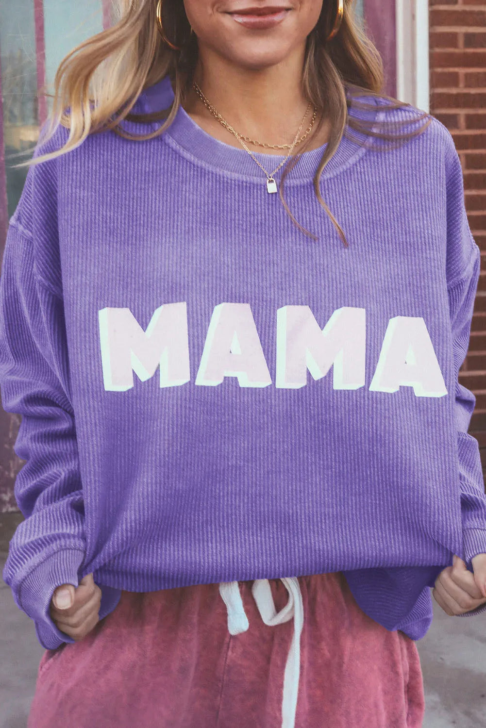 Purple MAMA Ribbed Crew Neck Pullover Sweatshirt - Chic Meadow Boutique 