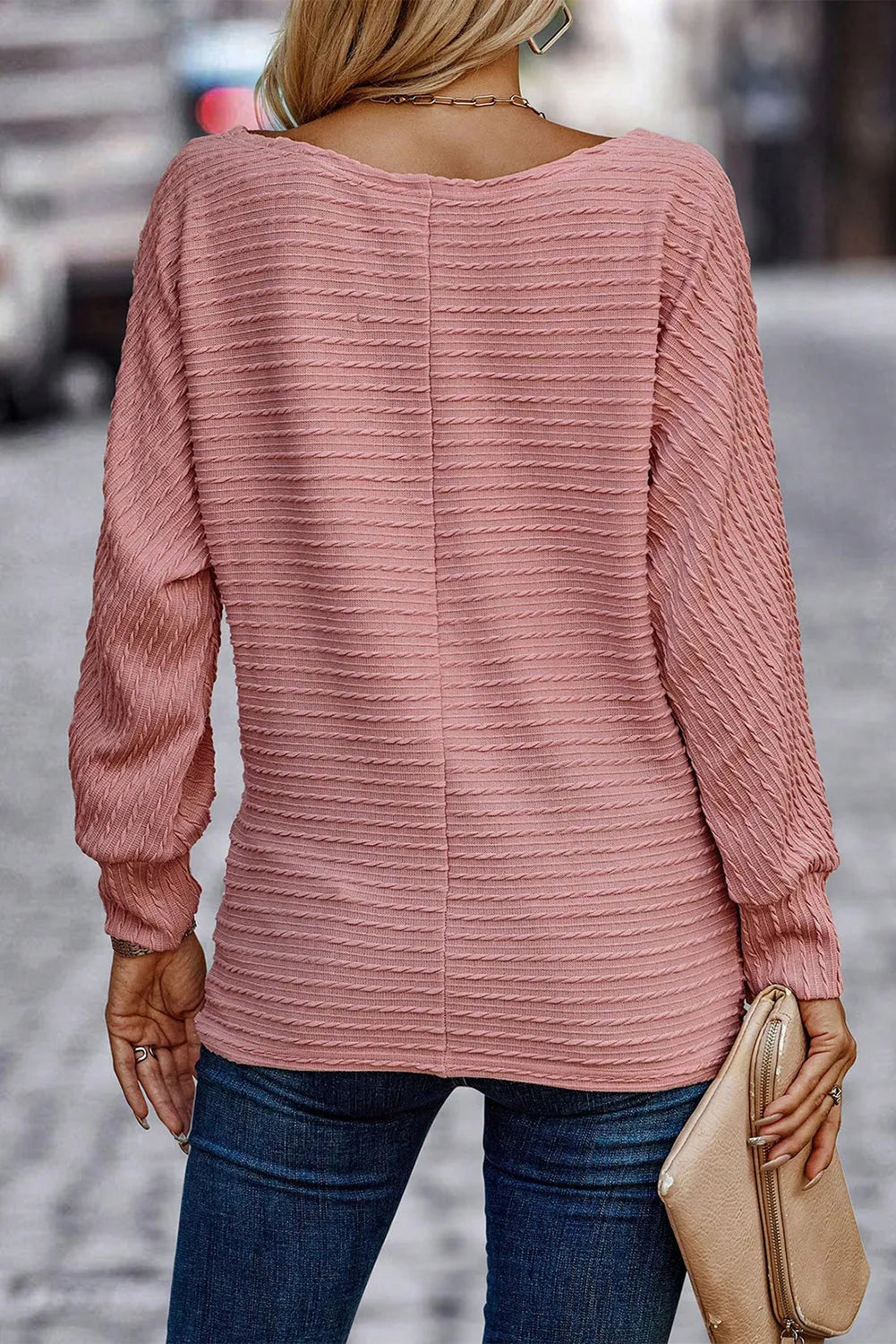 Dusty Pink Textured Knit Long Sleeve Top - Chic Meadow Boutique 