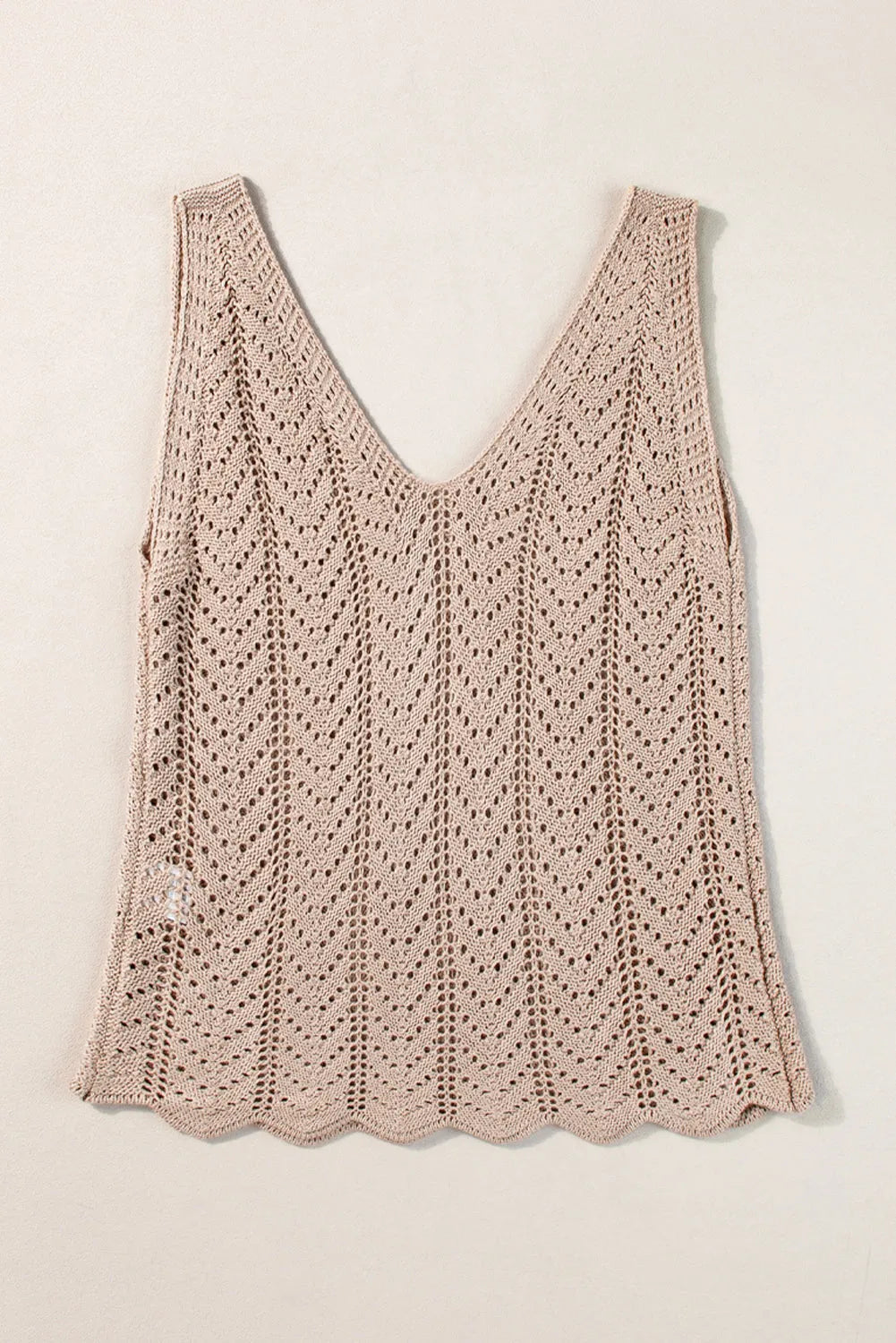 Pale Khaki Scalloped Hem V Neck Crochet Knit Vest - Chic Meadow Boutique 