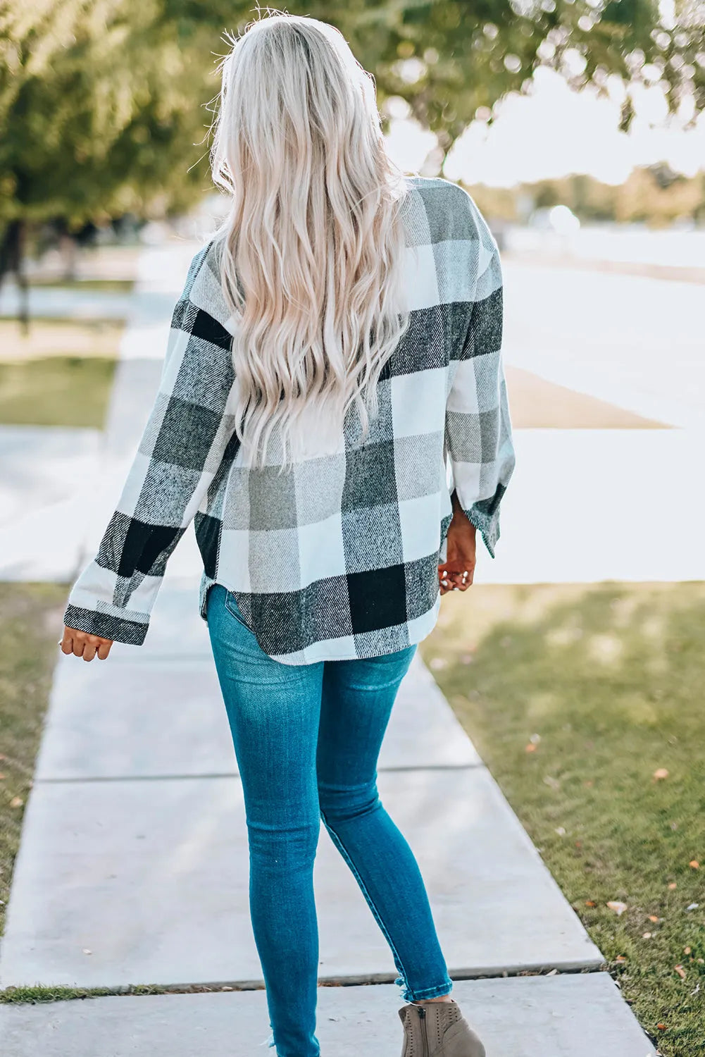 Gray Plaid Color Block Buttoned Long Sleeve Jacket with Pocket - Chic Meadow Boutique 