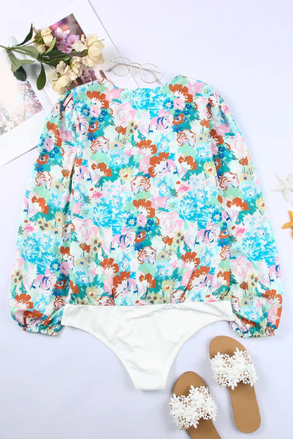 Sky Blue Floral Print Wrap Long Sleeve Bodysuit - Chic Meadow Boutique 