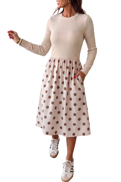 Beige Polka Dot Midi Long Sleeve Dress