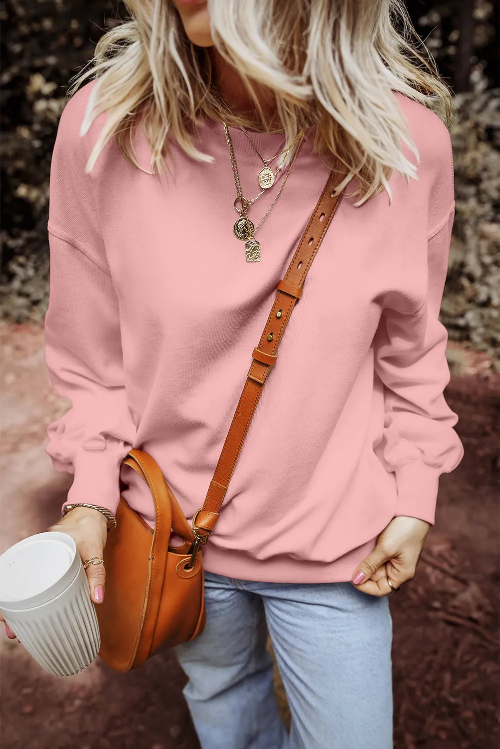 Pink Loose Drop Shoulder Ribbed Sweatshirt - Chic Meadow Boutique 