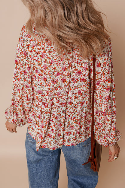 Red Floral Print Pleated Detail Notched Neck Puff Sleeve Blouse