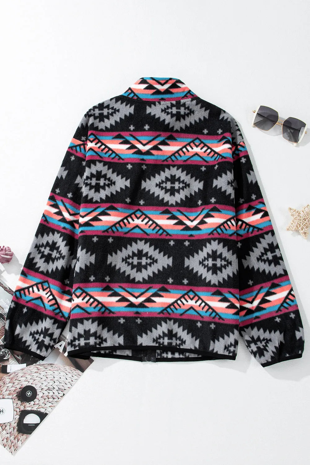 Black Aztec Printed Zip Up Collar Jacket - Chic Meadow Boutique 