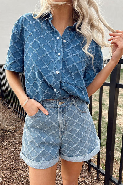 Dusk Blue Checkered Textured Short Sleeve Patched Pocket Denim Shirt