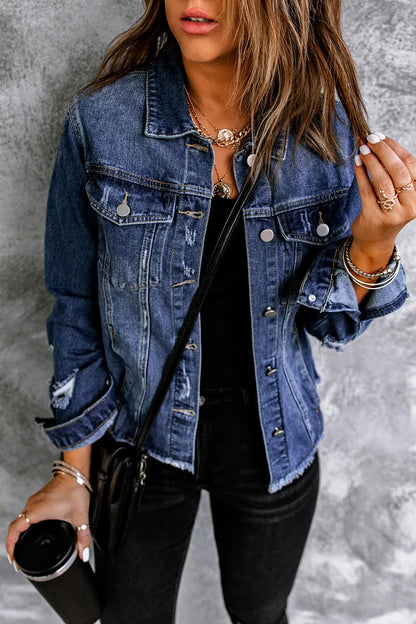 Blue Lapel Distressed Raw Hem Buttons Denim Jacket - Chic Meadow Boutique 