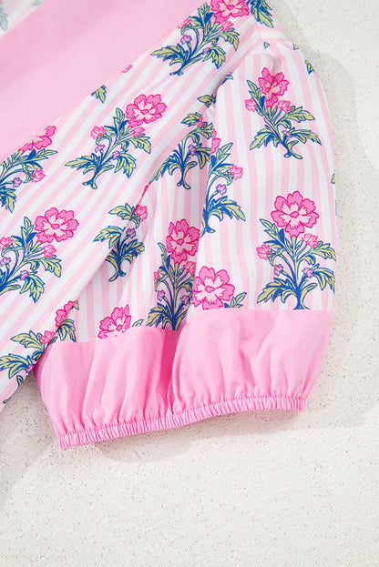 Rose Floral Striped Print Contrast Patchwork Ruffle Hem Blouse