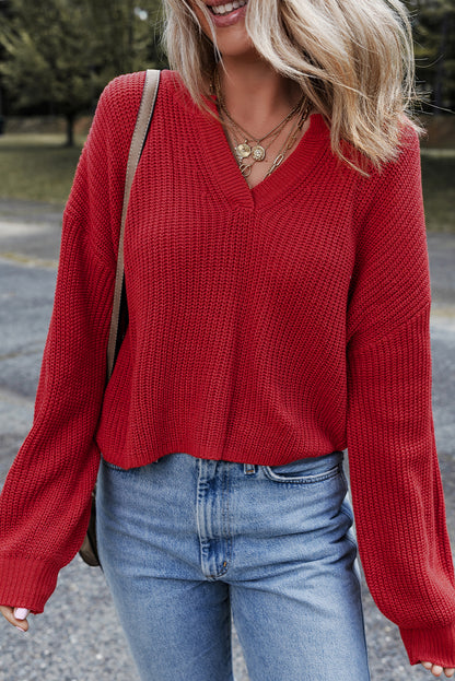 Racing Red Solid Textured Knit V Neck Drop Shoulder Sweater