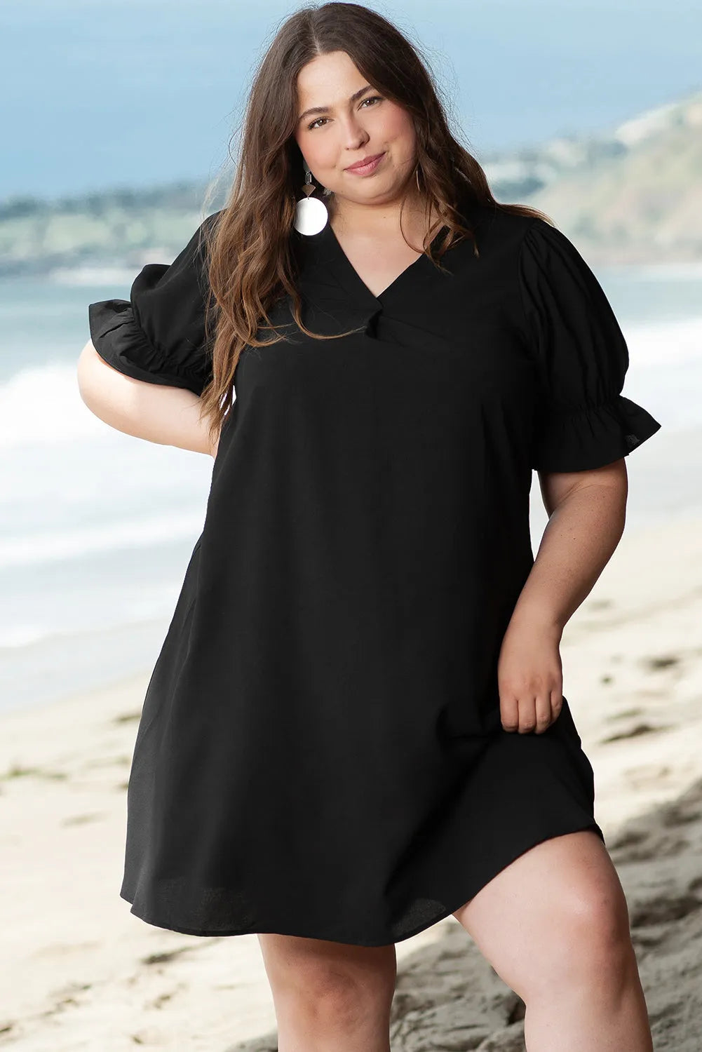 Black Solid Ruffled Puff Sleeve V Neck Plus Size Mini Dress - Chic Meadow Boutique 