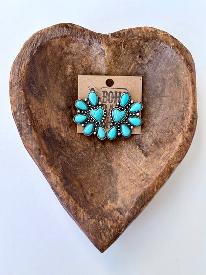 Western Heart Squash Blossom Turquoise Stone Stud Earrings
