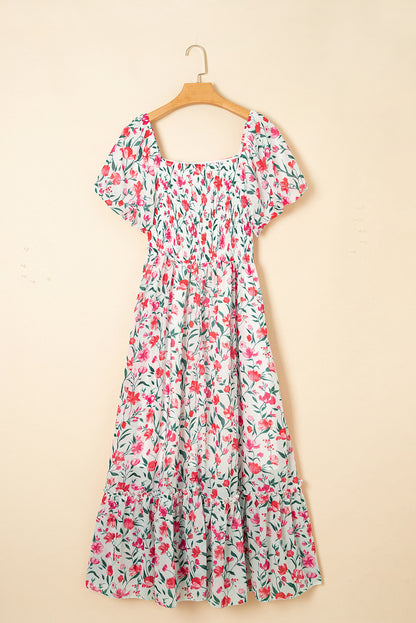 Pink Floral Puff Sleeve Square Neck Empire Waist Tiered Maxi Dress