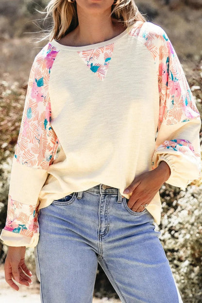 Tops/Blouses & Shirts Apricot Textured Floral Patchwork Balloon Sleeve Blouse