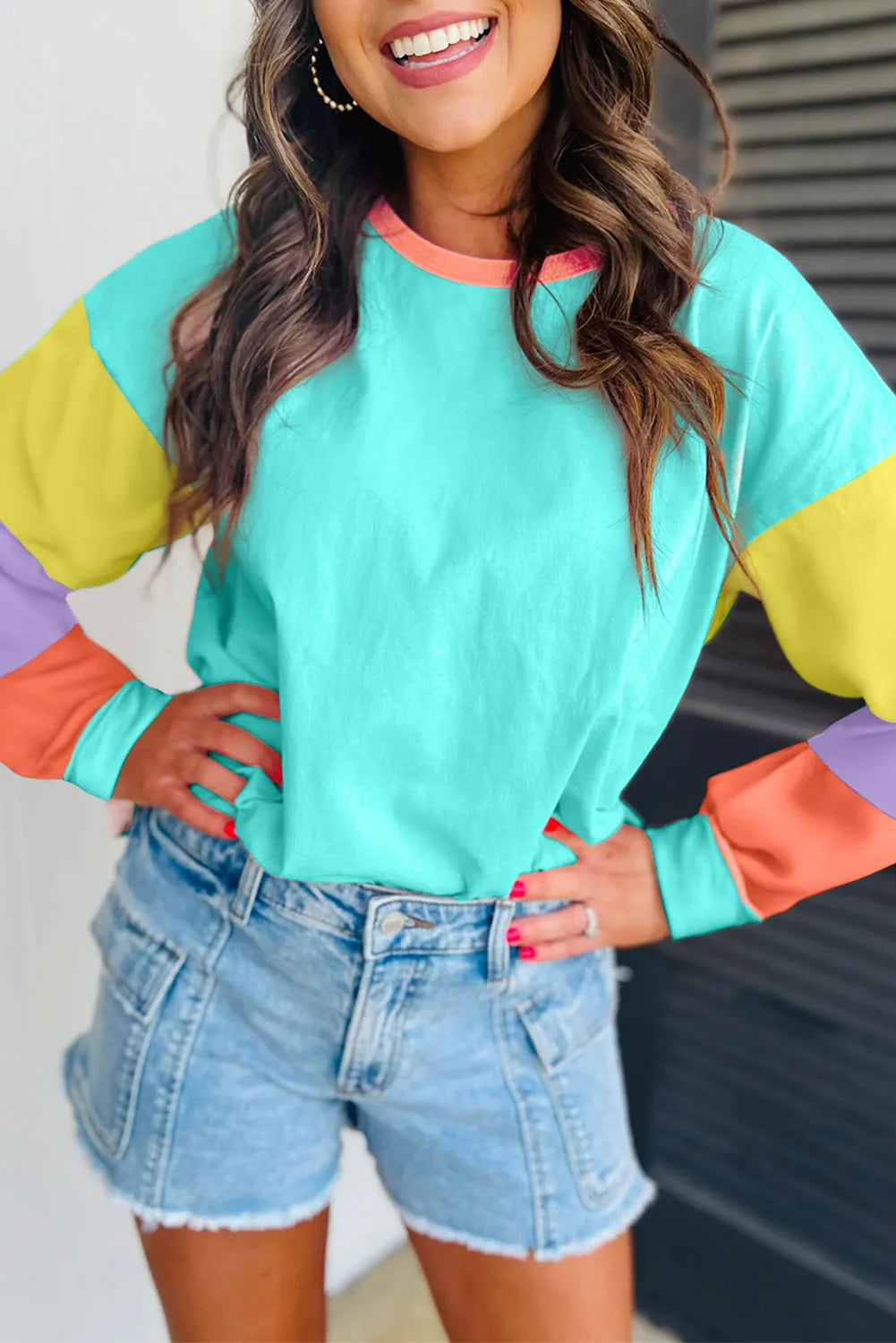 Light Blue Colorblock Patchwork Long Sleeve Loose Top - Chic Meadow Boutique 