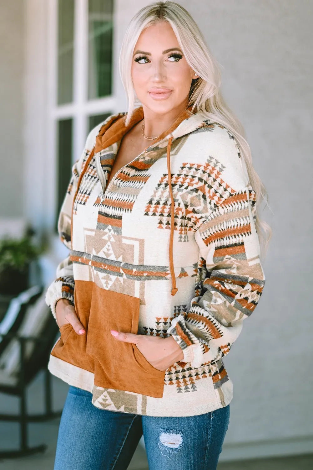 Beige Aztec Print Kangaroo Pocket Half-Zip Hoodie - Chic Meadow Boutique 