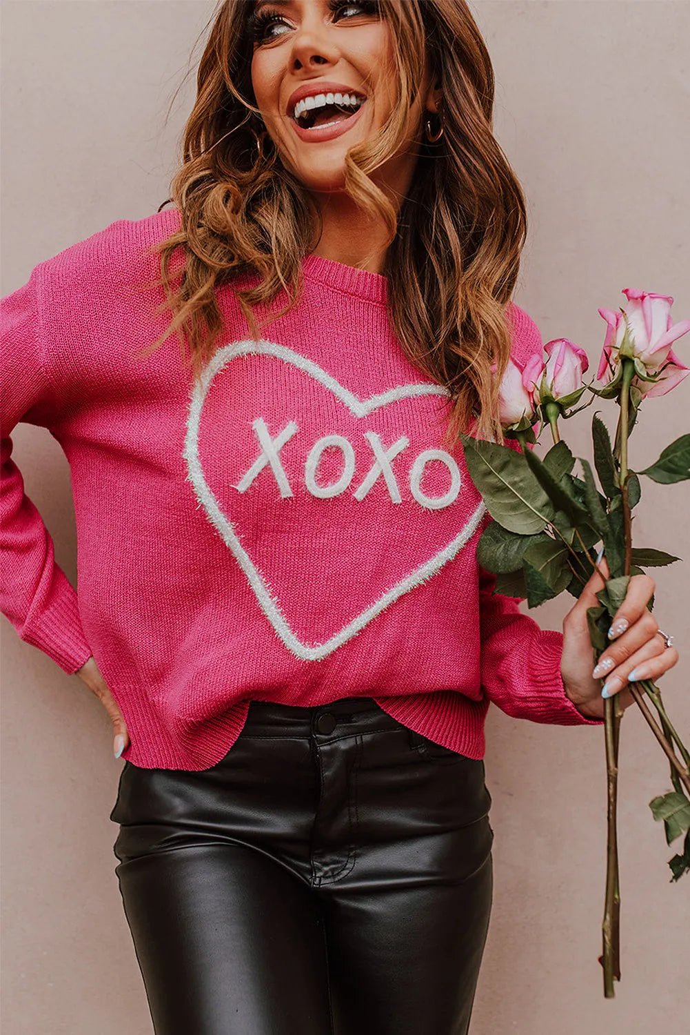 Rose Heart XOXO Pattern Drop Shoulder Rib Knit Sweater - Chic Meadow Boutique 