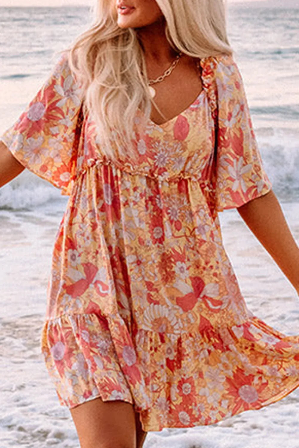 Orange Wide Flutter Sleeve Floral Dress - Chic Meadow Boutique 