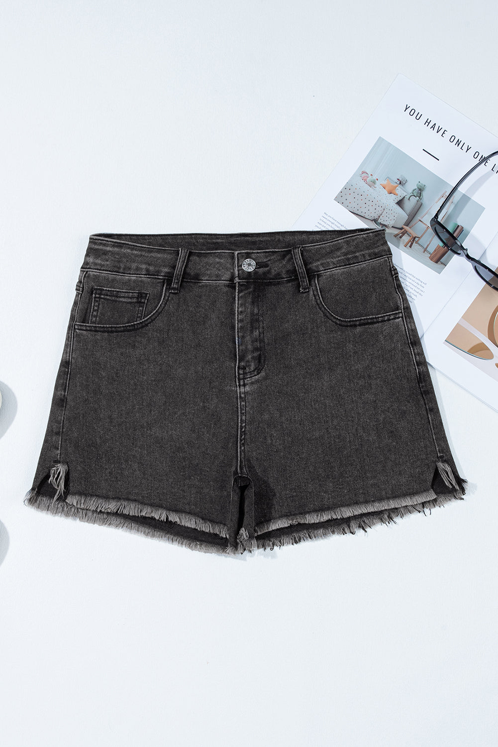Carbon Grey Raw Hem High Waist Denim Shorts