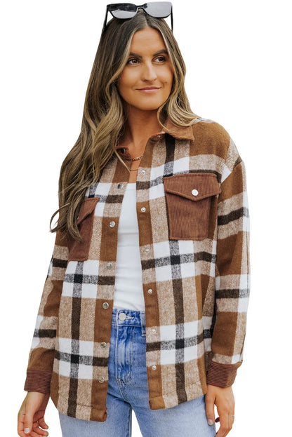 Brown Pocketed Buttoned Plaid Shirt Jacket - Chic Meadow Boutique 