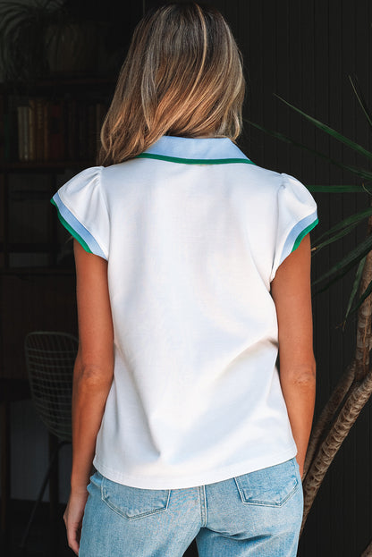 White Color Contrast Ruffled Sleeve Collared V Neck Blouse