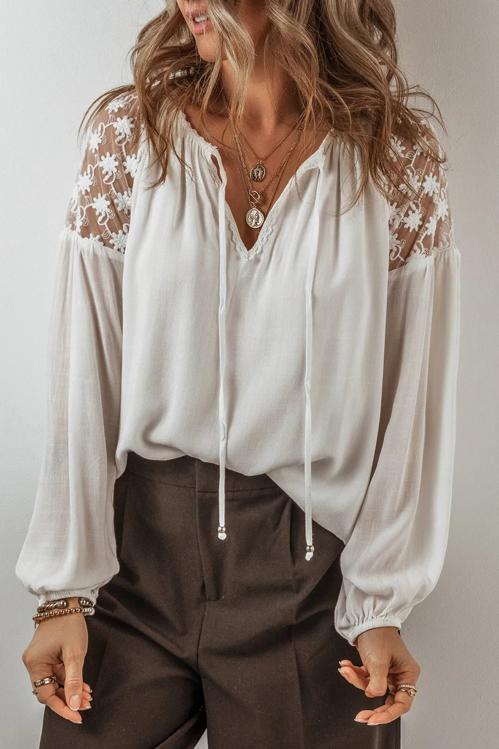 White Floral Lace Patchwork Puff Sleeve Tied V Neck Blouse - Chic Meadow Boutique 