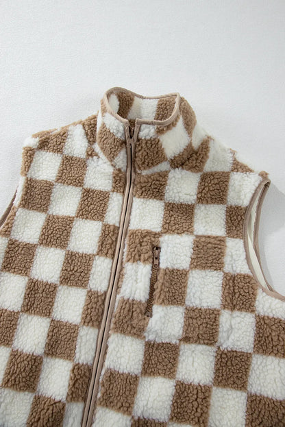 Outerwear/Vests Khaki Checkered Sherpa Collared Jacket Vest