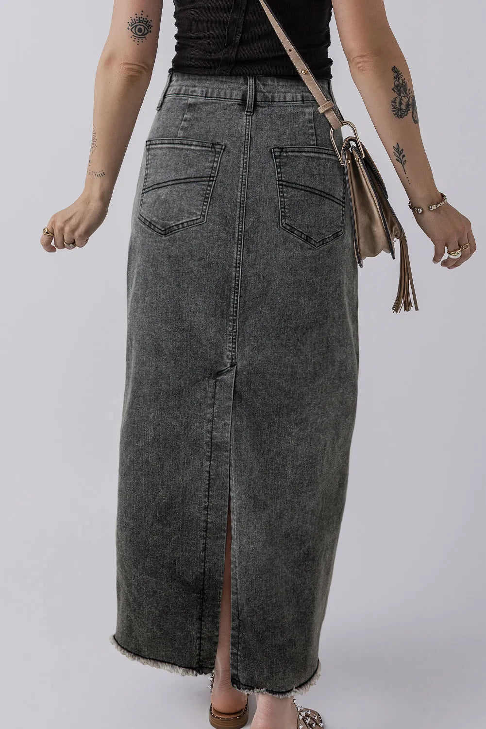 Dark Grey Denim Raw Hem Back Split High Waist Long Skirt - Chic Meadow Boutique 