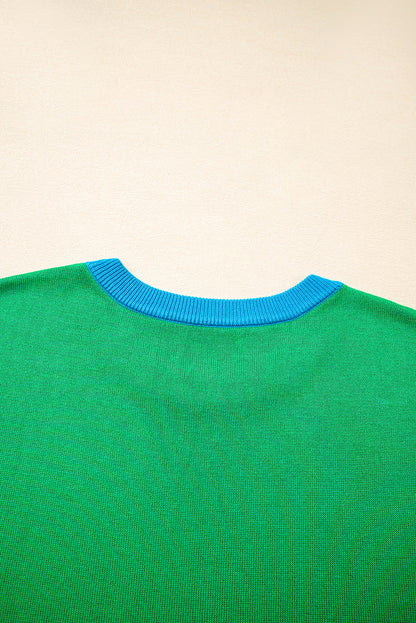 Green Contrast Trim Round Neck Short Sleeve Loose Knit Sweater