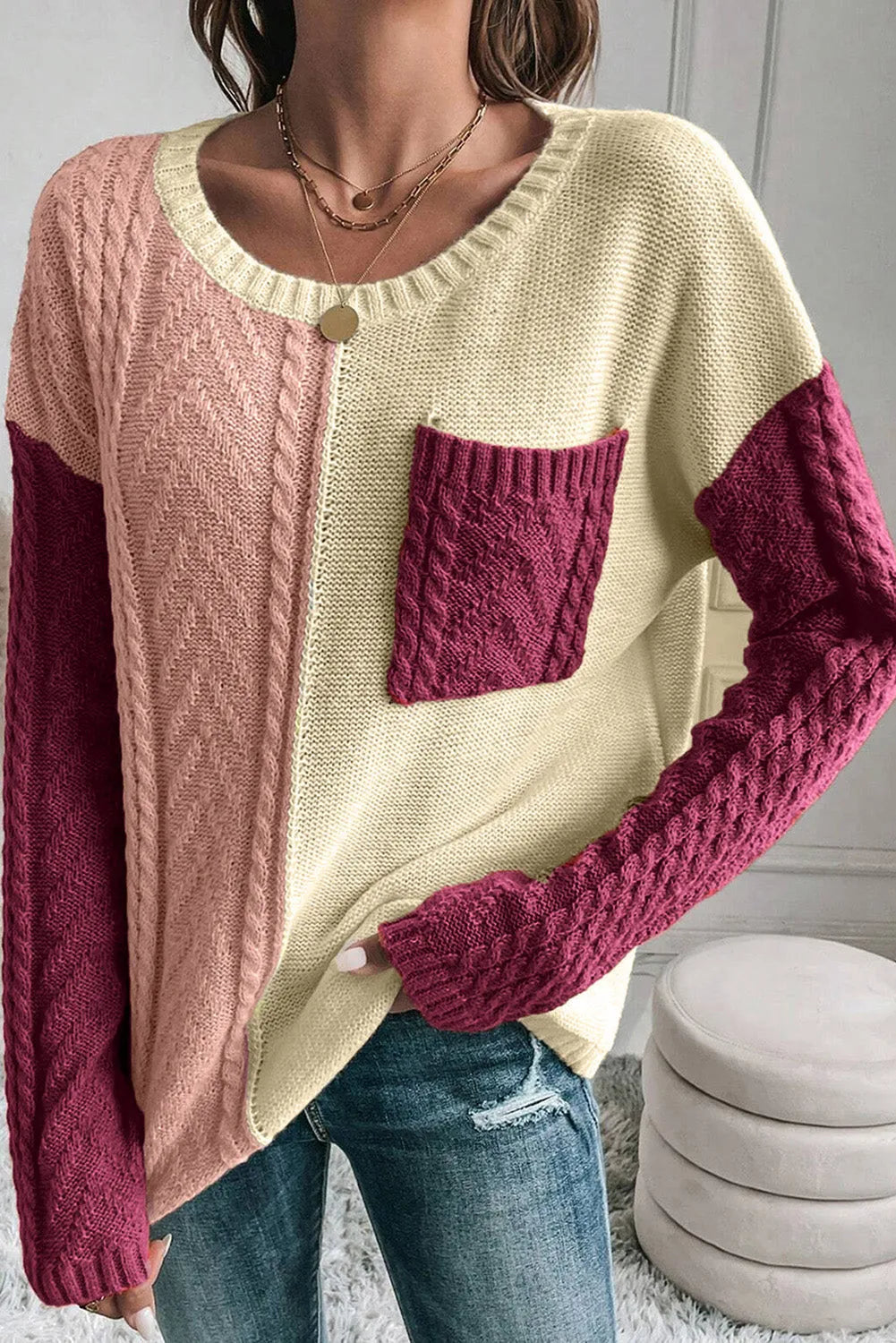 Rose Tan Colorblock Patched Pocket Drop Shoulder Sweater - Chic Meadow Boutique 