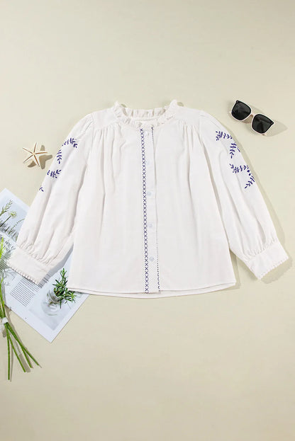 White Floral Embroidered Bracelet Sleeve Shirt - Chic Meadow Boutique 