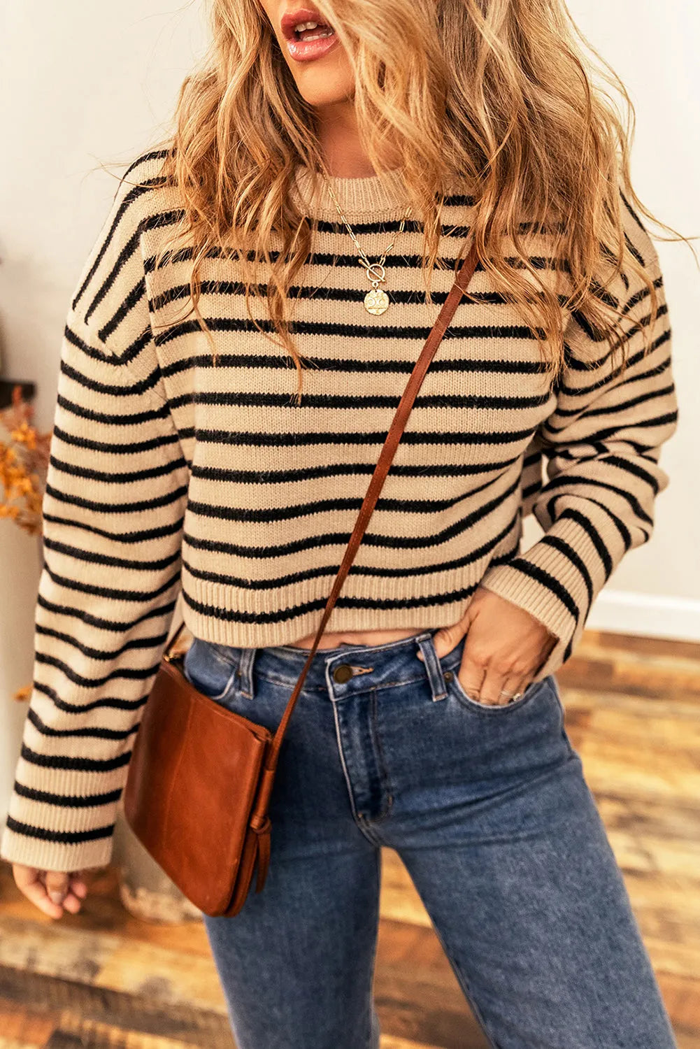 Light French Beige Striped Knit Drop Shoulder Crewneck Cropped Sweater - Chic Meadow Boutique 