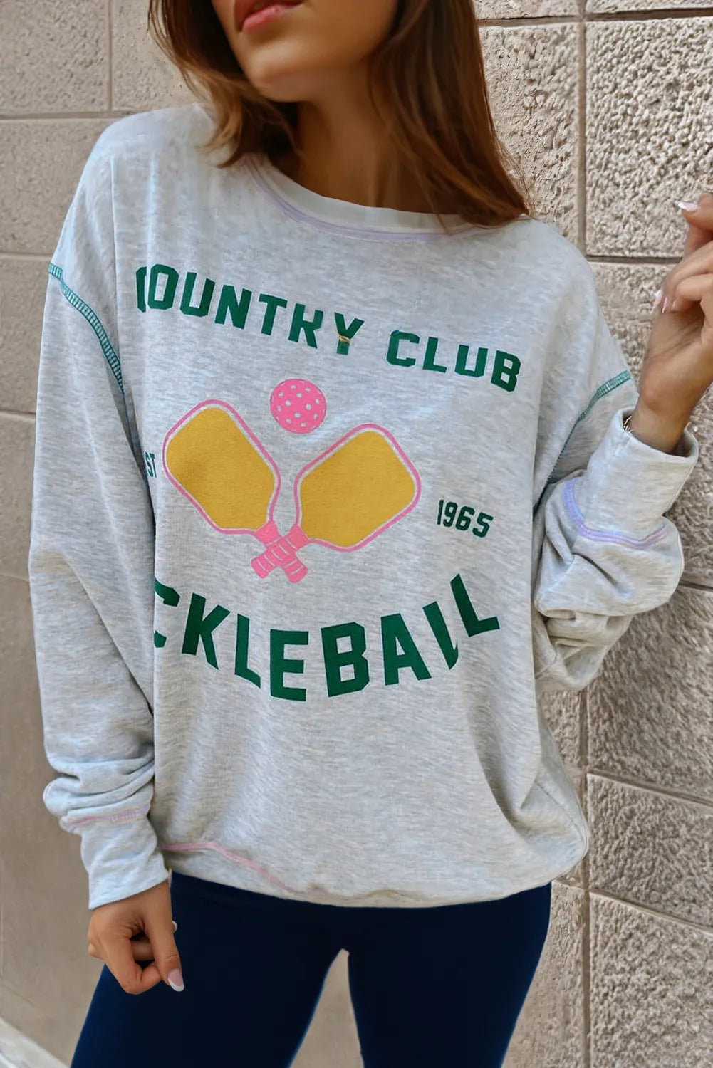 Light Grey COUNTRY CLUB PICKLEBALL Graphic Exposed Stitching Casual Sweatshirt - Chic Meadow Boutique 