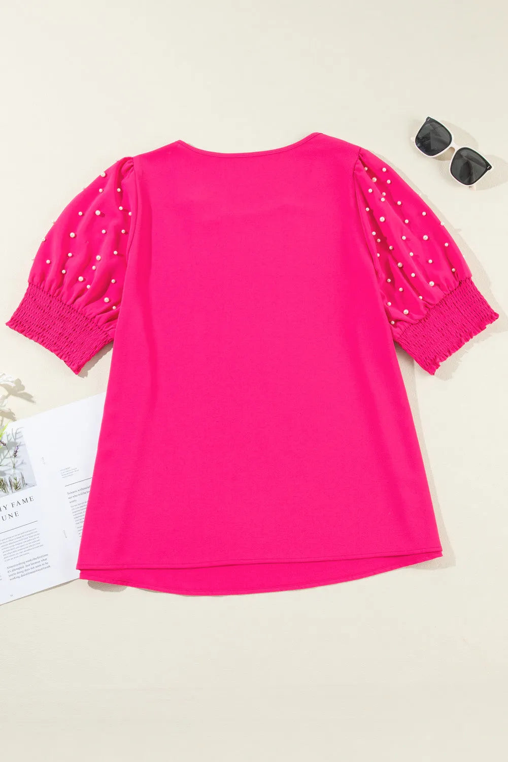 Rose Red Pearl Detail Puff Sleeve Plus Size Top - Chic Meadow Boutique 