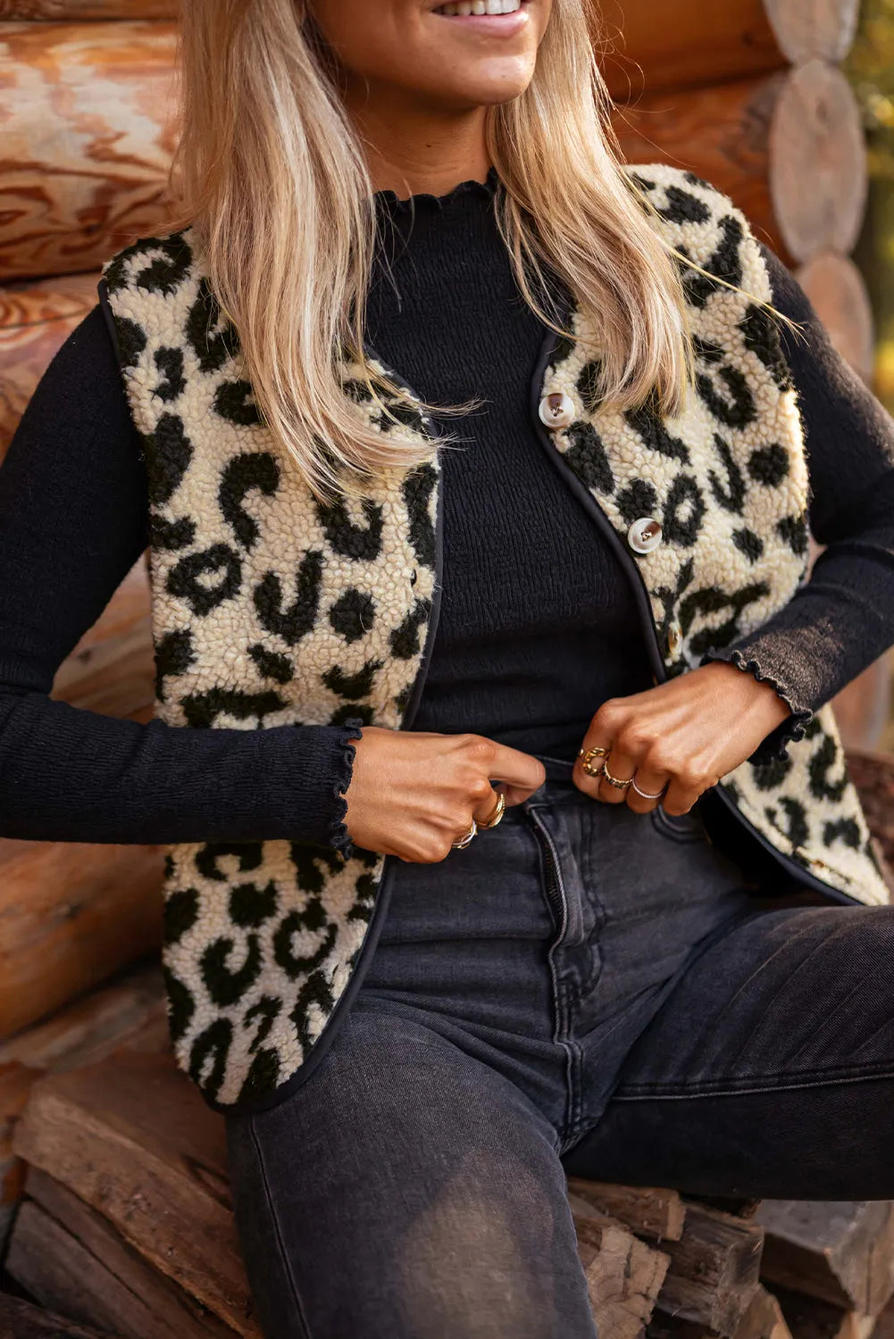 Black Leopard Print Sherpa Vest Coat - Chic Meadow Boutique 