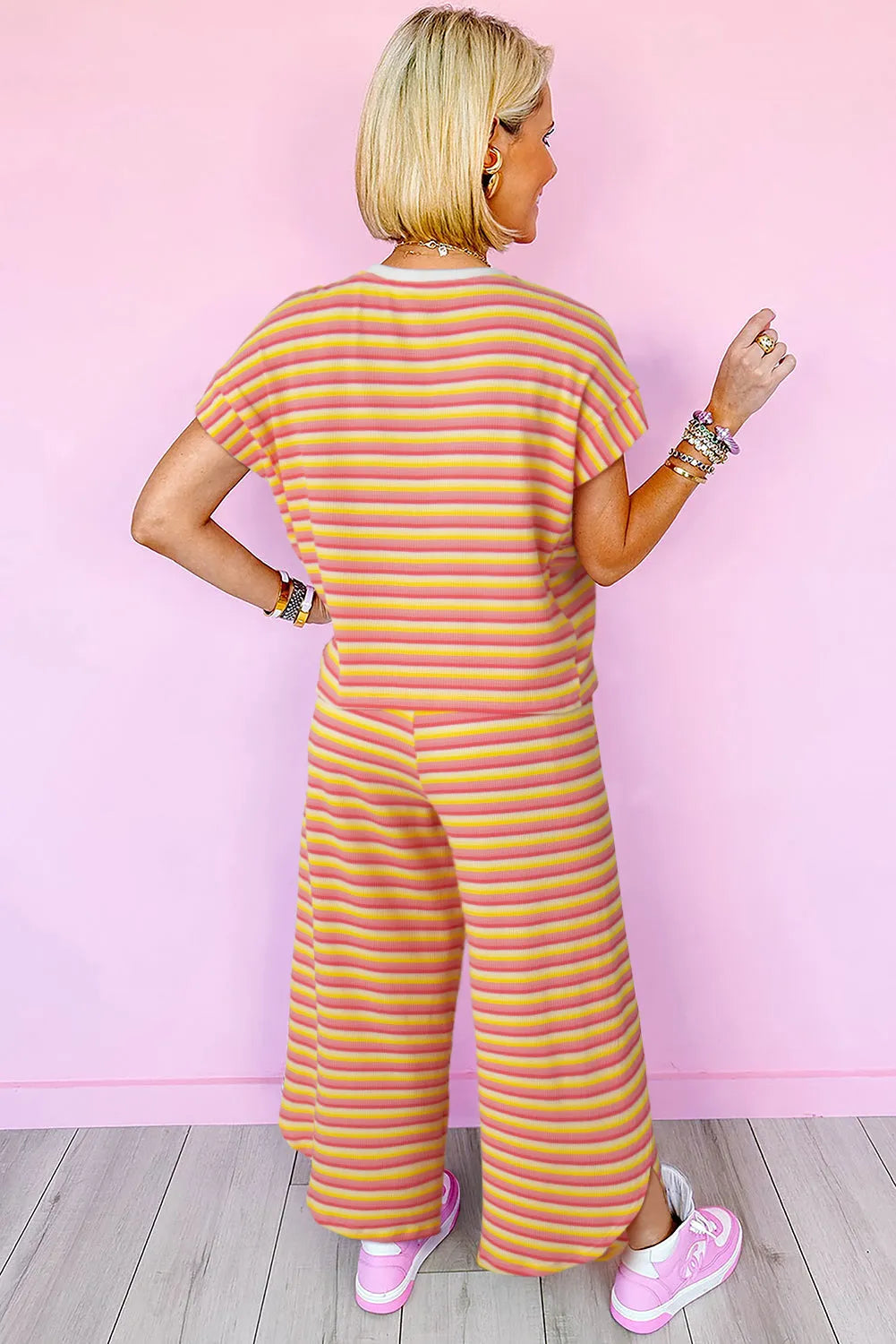 Yellow Stripe Rainbow Tee Tasseled String Wide Leg Pants Set - Chic Meadow Boutique 