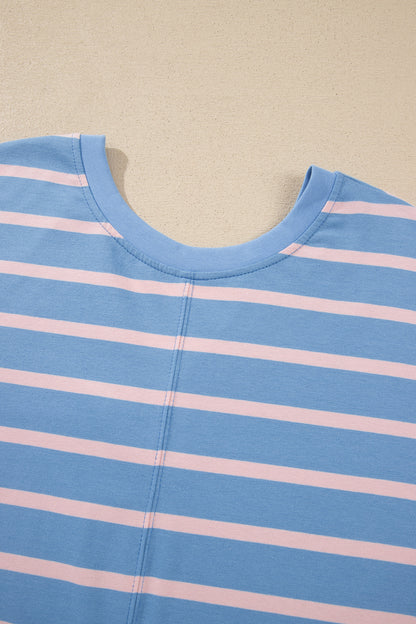 Sky Blue Stripe V Neck Short Sleeve Double Wear Loose Romper