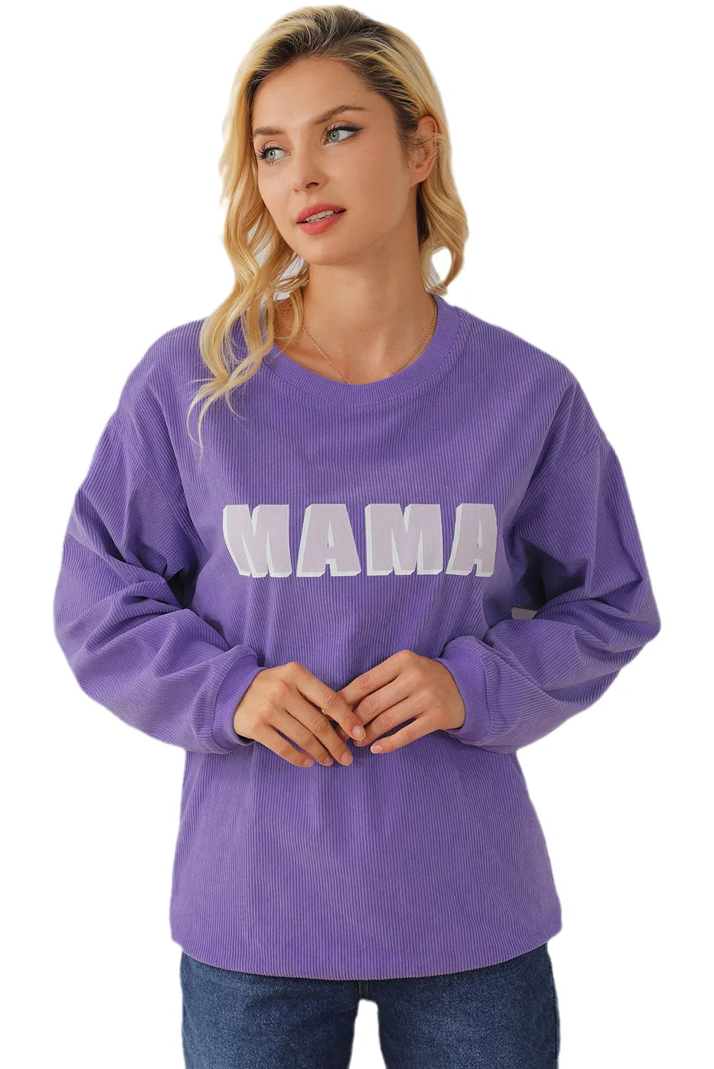 Purple MAMA Ribbed Crew Neck Pullover Sweatshirt - Chic Meadow Boutique 