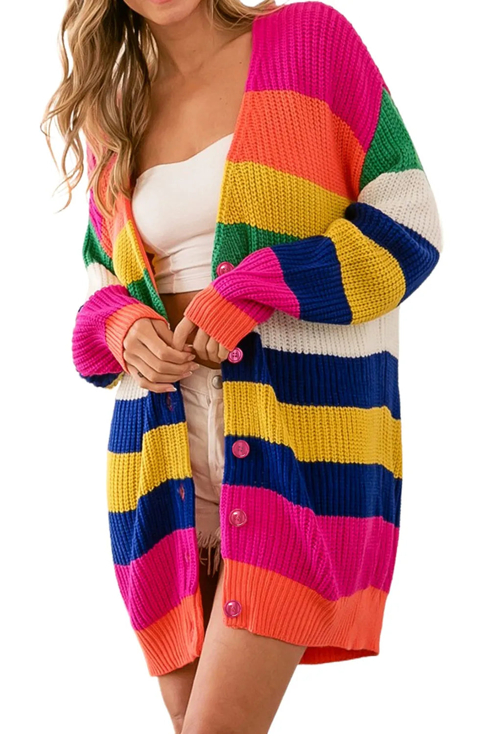 Multicolor Striped Print Longline Cardigan - Chic Meadow Boutique 