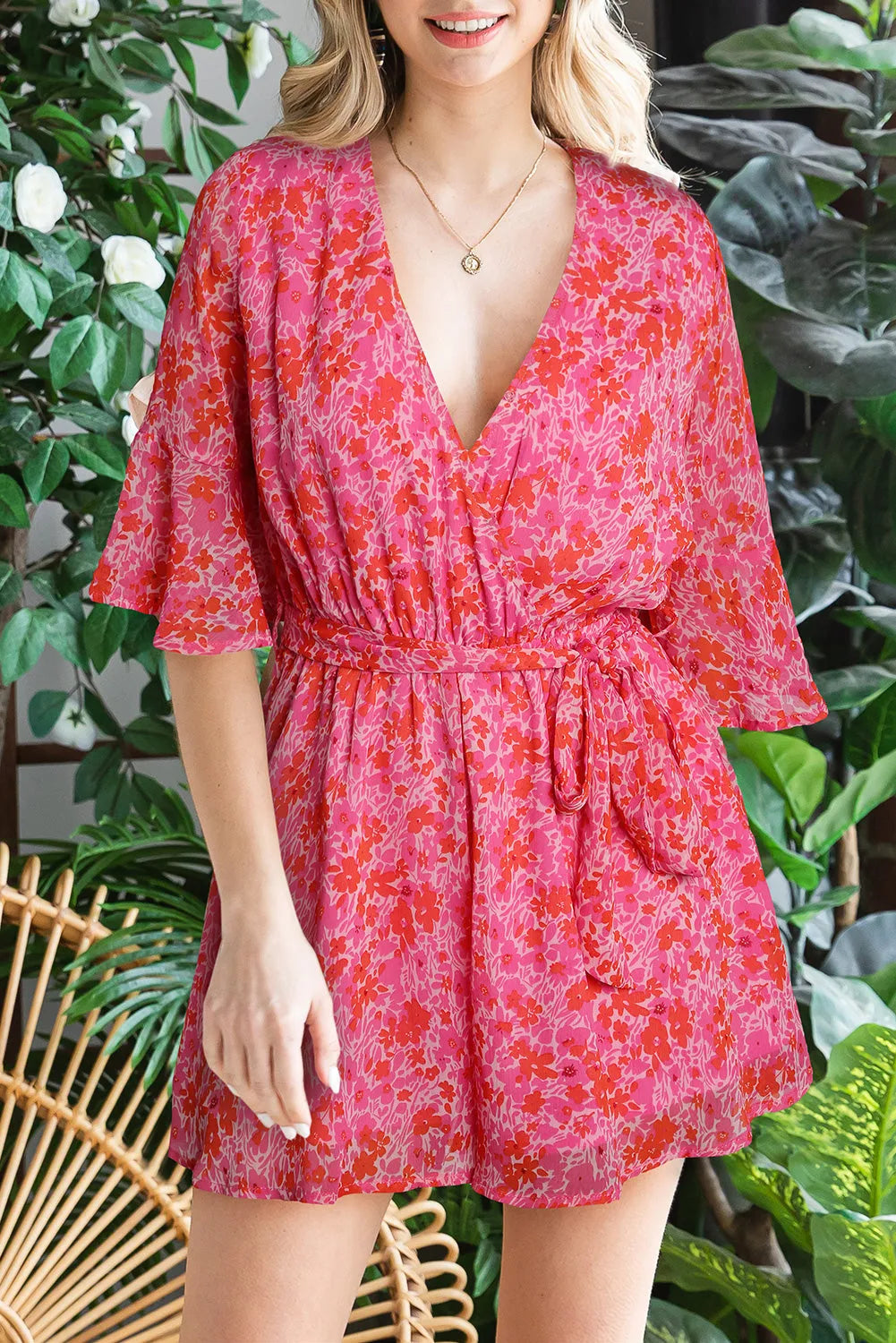 Pink V Neck Ruffled Sleeve Floral Romper - Chic Meadow Boutique 