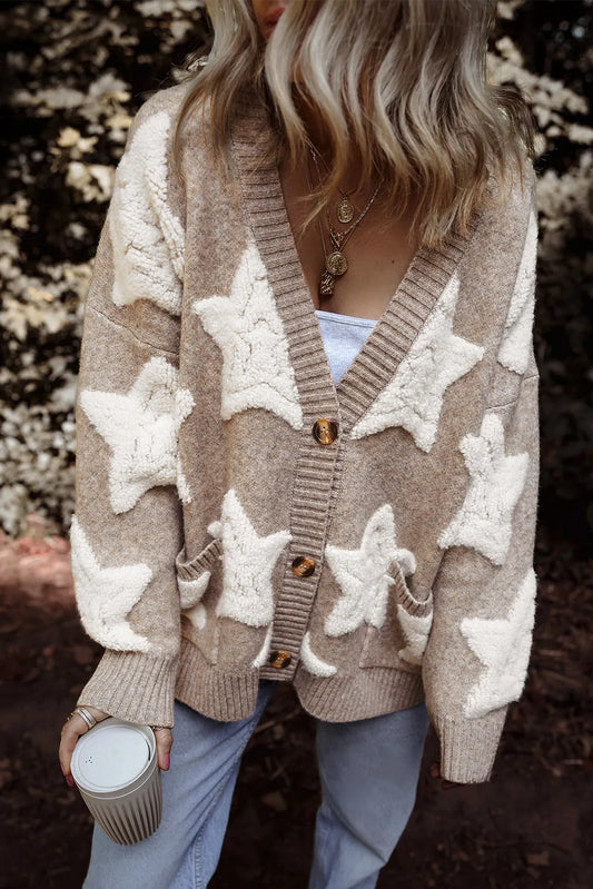 Khaki Sherpa Star Pattern Textured Sweater Cardigan with Pockets - Chic Meadow Boutique 