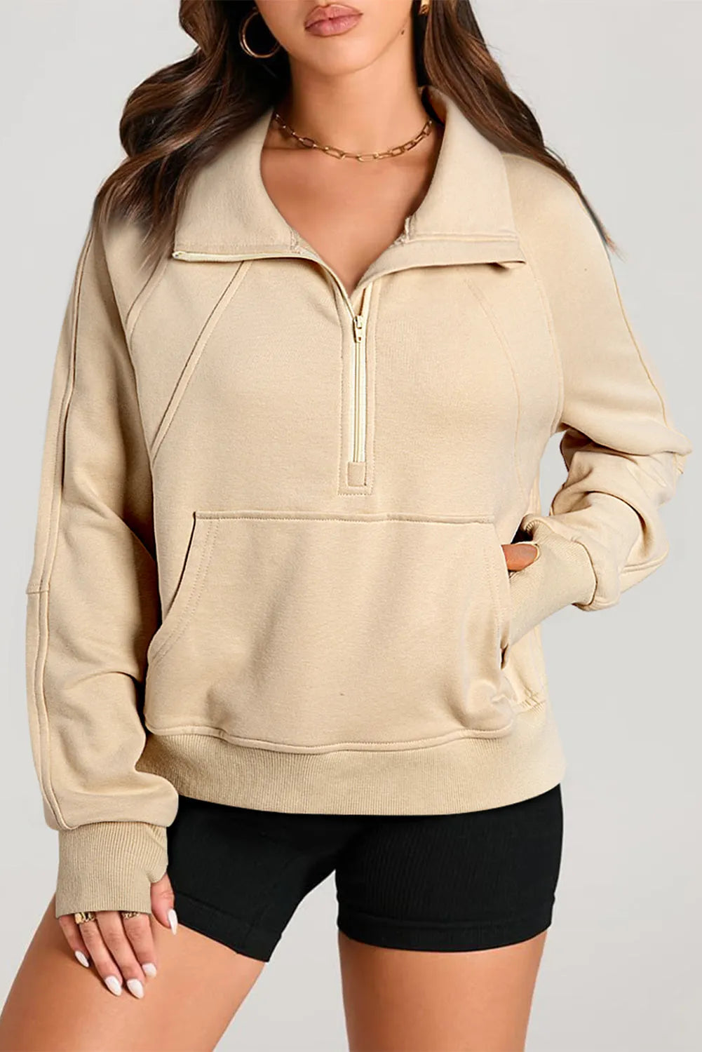 Parchment Quarter Zip Stand Neck Kangaroo Pocket Sweatshirt - Chic Meadow Boutique 