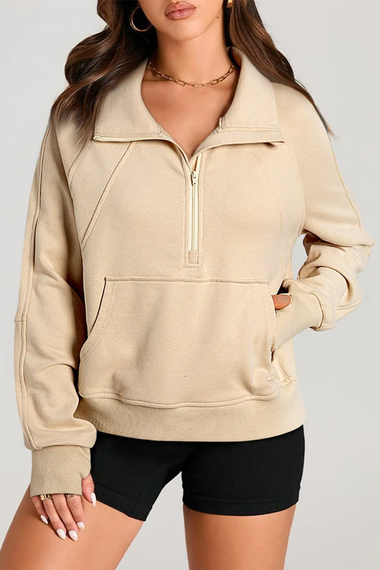 Parchment Quarter Zip Stand Neck Kangaroo Pocket Sweatshirt - Chic Meadow Boutique 