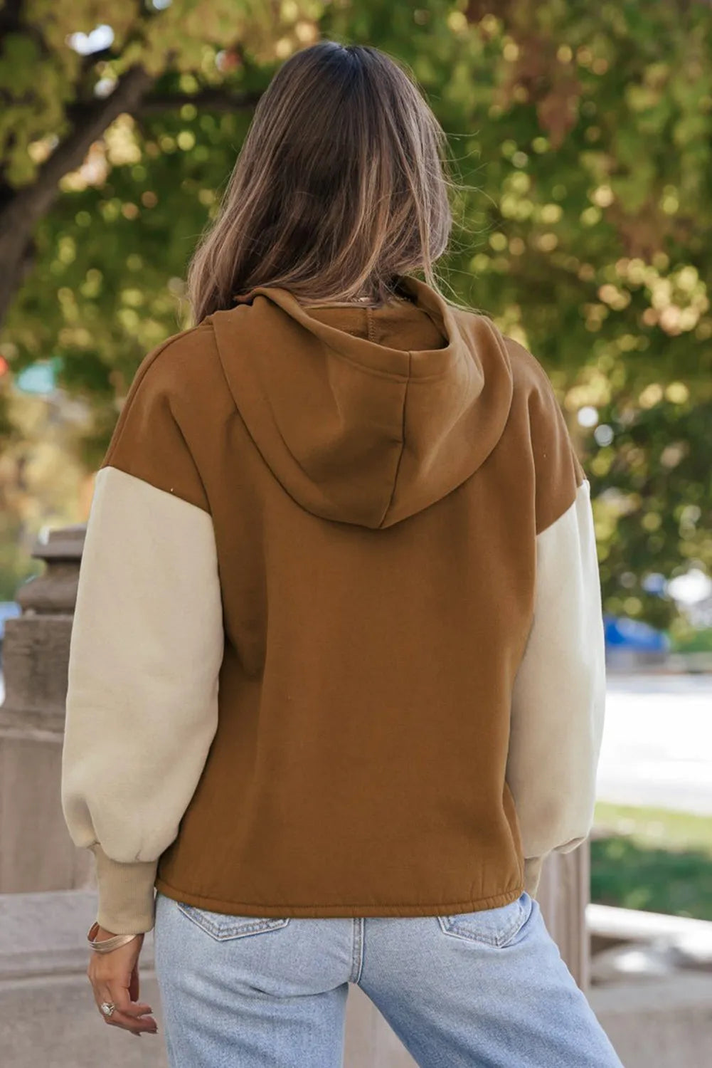 Chestnut Color Block Half Zip Kangaroo Pocketed Hoodie - Chic Meadow Boutique 