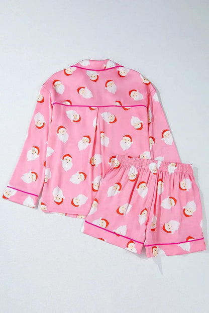 Loungewear & Sleepwear/Sleepwear Pink Christmas Santa Claus Print Satin Shirt and Shorts Set