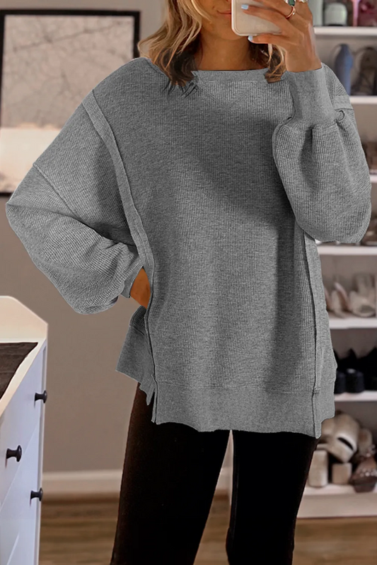 Gray Waffle knit Bishop Sleeve Split Oversized Top - Chic Meadow Boutique 