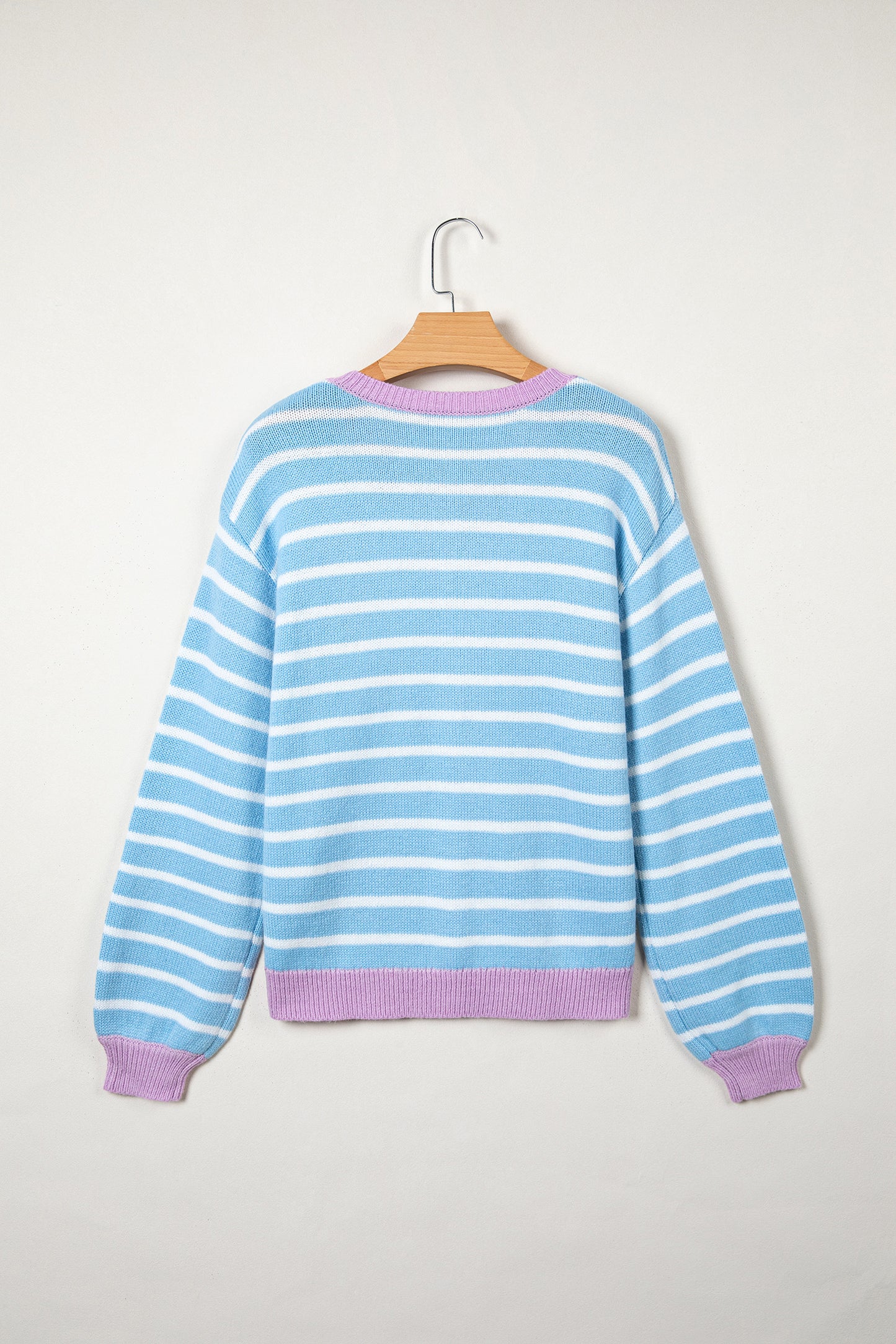 Sky Blue Stripe Striped Long Sleeve Round Neck Casual Open Front Cardigan
