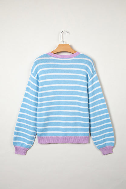 Sky Blue Stripe Striped Long Sleeve Round Neck Casual Open Front Cardigan